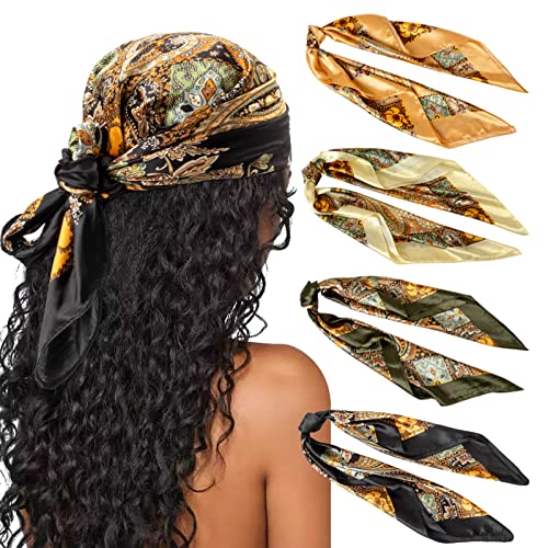 DRESHOW 90x90cm Große Quadratische Schals für Damen 4 Stück Seide Kopftuch Bandanas Haartuch Halstuch Haarschmuck
