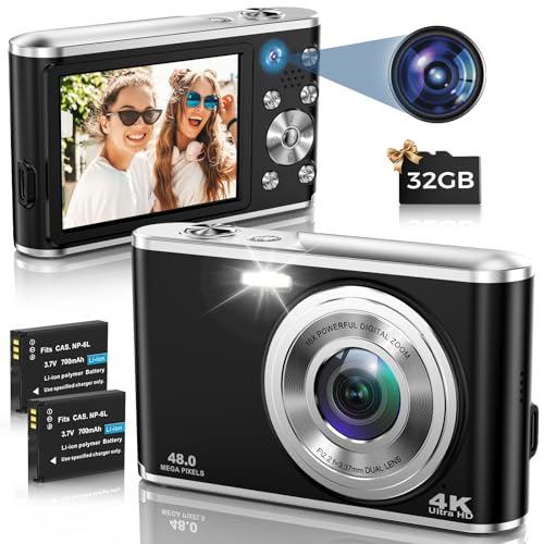 Digitalkamera, AutoFocus 4K Fotoapparat Digitalkamera mit Dual-Kamera mit 32GB Speicherkarte HD 48MP 16X Digitalzoom 2,8' großem Bildschirm Kompaktkamera Fotokamera für Einsteiger（Schwarz）